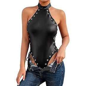 Derozean Womens Wet Look Black Lingerie Hanging Neck Womens One Piece Teddy Bodysuit … in Saudi Arabia
