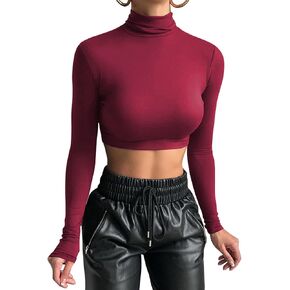 GEMBERA Women's Long Sleeve Turtleneck Crop Tops Fitted Basic T Shirt Top