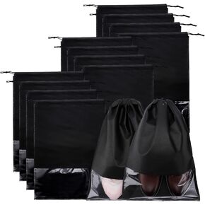 12PCS Shoe Bags,Portable Travel Shoe Bags,Large Shoe Dust Bags with Rope Clear Window,Non-Woven Shoes Pouch Storage Organizer for Men Women,Shoe Bags for Travel Storage Packing,Black 17.3" X 12.6" in Saudi Arabia