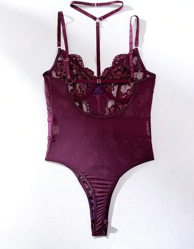 Milumia Women's Floral Lace Backless Ring Linked Bodysuit Teddy Harness Lingerie Nightwear in Saudi Arabia