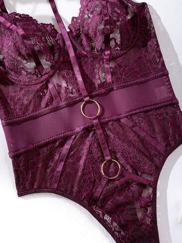 Milumia Women's Floral Lace Backless Ring Linked Bodysuit Teddy Harness Lingerie Nightwear in Saudi Arabia