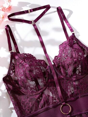 Milumia Women's Floral Lace Backless Ring Linked Bodysuit Teddy Harness Lingerie Nightwear in Saudi Arabia