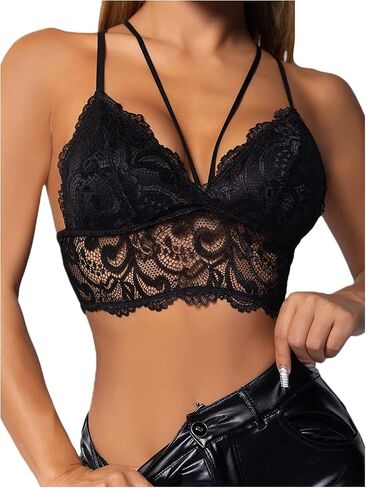 OYOANGLE Women's Floral Lace Scalloped V Neck Strappy Bralette Crop Top Camisole in Saudi Arabia