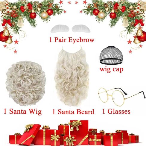 مجموعة شعر مستعار ولحية سانتا الفاخرة من shecool - شعر مستعار سانتا أشقر مع لحية سانتا شقراء مقاس 23 بوصة، ونظارات، وحواجب، وقبعة شعر مستعار لأزياء عيد الميلاد والحفلات التنكرية SL037 in Kuwait
