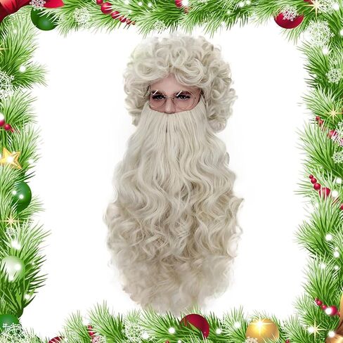 مجموعة شعر مستعار ولحية سانتا الفاخرة من shecool - شعر مستعار سانتا أشقر مع لحية سانتا شقراء مقاس 23 بوصة، ونظارات، وحواجب، وقبعة شعر مستعار لأزياء عيد الميلاد والحفلات التنكرية SL037 in Kuwait