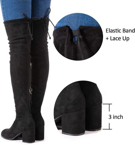 N.N.G Women Over Knee Boots Thigh High Suede Block Heel Lace Up Black Winter Long OTK Comfort in Kuwait