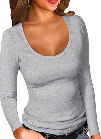 PALINDA Women's Ribbed Scoop Neck Slim Fitted T Shirts Basic Solid Long Sleeve Layering Tee Tops in Saudi Arabia
