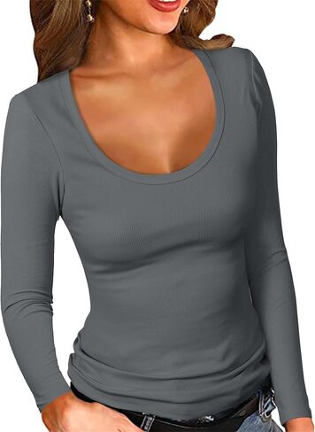 PALINDA Women's Ribbed Scoop Neck Slim Fitted T Shirts Basic Solid Long Sleeve Layering Tee Tops in Saudi Arabia
