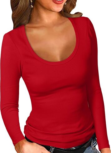 PALINDA Women's Ribbed Scoop Neck Slim Fitted T Shirts Basic Solid Long Sleeve Layering Tee Tops in Saudi Arabia