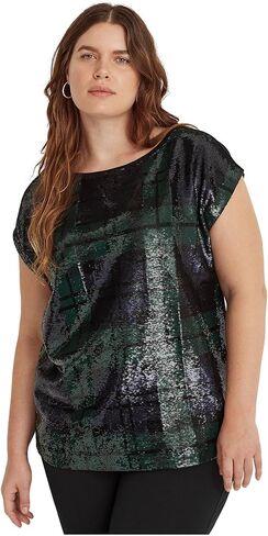 تي شيرت Lauren Ralph Lauren نسائي من مزيج القطن المنقوش بمقاس كبير مزين بالترتر in Kuwait