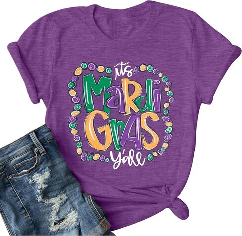 Mardi Gras Shirt for Women It's Mardi Gras Yall Shirt Carnival Outfit Shirt Holiday Bleached Short Sleeve Tops in Kuwait