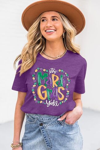 Mardi Gras Shirt for Women It's Mardi Gras Yall Shirt Carnival Outfit Shirt Holiday Bleached Short Sleeve Tops in Kuwait