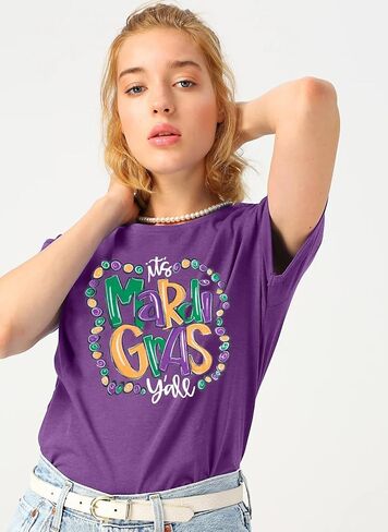 Mardi Gras Shirt for Women It's Mardi Gras Yall Shirt Carnival Outfit Shirt Holiday Bleached Short Sleeve Tops in Kuwait