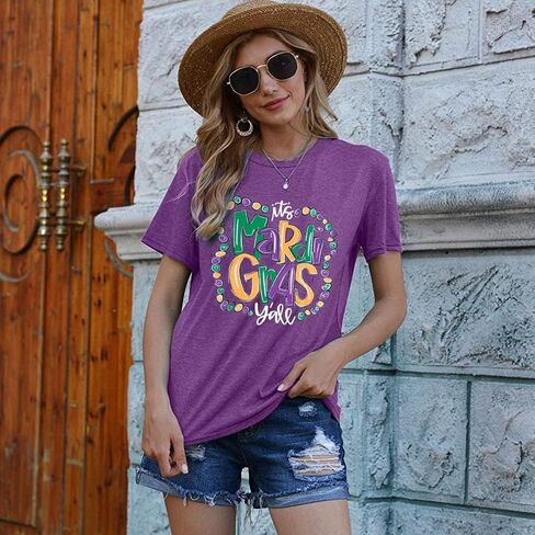 Mardi Gras Shirt for Women It's Mardi Gras Yall Shirt Carnival Outfit Shirt Holiday Bleached Short Sleeve Tops in Kuwait