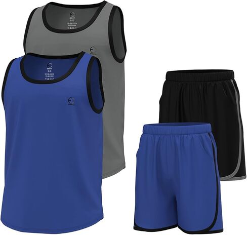 طقم ملابس للأولاد من Essenclo، تي شيرت رياضي بياقة دائرية بدون أكمام وأطقم ملابس قصيرة للأولاد مع جيوب 4 قطع - مقاس 5-14 in Kuwait