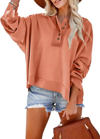 Dokotoo Women's V Neck Button Down Long Sleeve Crop Hoodies Loose Pullover Hooded Sweatshirts Tops in Saudi Arabia