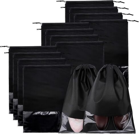 12PCS Shoe Bags,Portable Travel Shoe Bags,Large Shoe Dust Bags with Rope Clear Window,Non-Woven Shoes Pouch Storage Organizer for Men Women,Shoe Bags for Travel Storage Packing,Black 17.3" X 12.6" in Saudi Arabia