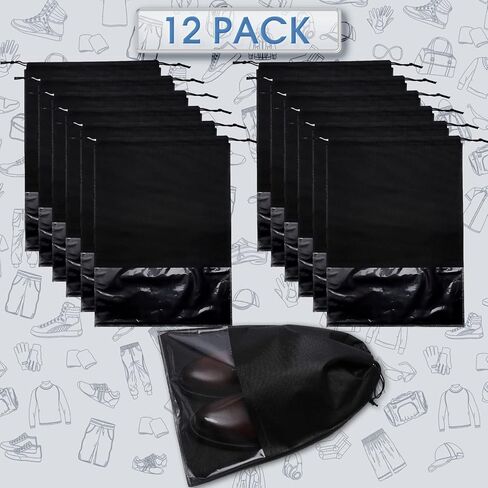 12PCS Shoe Bags,Portable Travel Shoe Bags,Large Shoe Dust Bags with Rope Clear Window,Non-Woven Shoes Pouch Storage Organizer for Men Women,Shoe Bags for Travel Storage Packing,Black 17.3" X 12.6" in Saudi Arabia