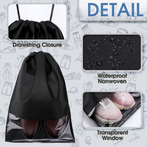 12PCS Shoe Bags,Portable Travel Shoe Bags,Large Shoe Dust Bags with Rope Clear Window,Non-Woven Shoes Pouch Storage Organizer for Men Women,Shoe Bags for Travel Storage Packing,Black 17.3" X 12.6" in Saudi Arabia
