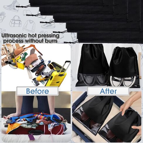 12PCS Shoe Bags,Portable Travel Shoe Bags,Large Shoe Dust Bags with Rope Clear Window,Non-Woven Shoes Pouch Storage Organizer for Men Women,Shoe Bags for Travel Storage Packing,Black 17.3" X 12.6" in Saudi Arabia