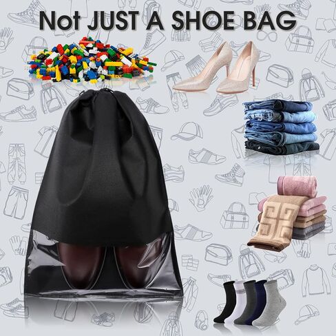 12PCS Shoe Bags,Portable Travel Shoe Bags,Large Shoe Dust Bags with Rope Clear Window,Non-Woven Shoes Pouch Storage Organizer for Men Women,Shoe Bags for Travel Storage Packing,Black 17.3" X 12.6" in Saudi Arabia