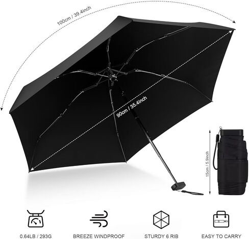 LEAGERA Mini Umbrella For Purse - Open Diameter 35inch, Small Travel Umbrella Compact Mini Waterproof Umbrellas for Rain, Suitable for Women Purse and Pocket, Manual-Openin, Black in Kuwait