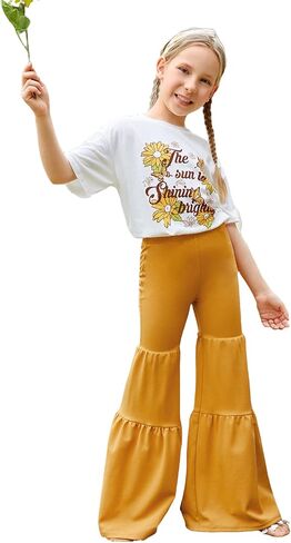 طقم تي شيرت WDIRARA للفتيات مكون من قطعتين بأكمام قصيرة وطبعة زهور وسروال بحاشية مكشكشة بأرجل واسعة in Kuwait