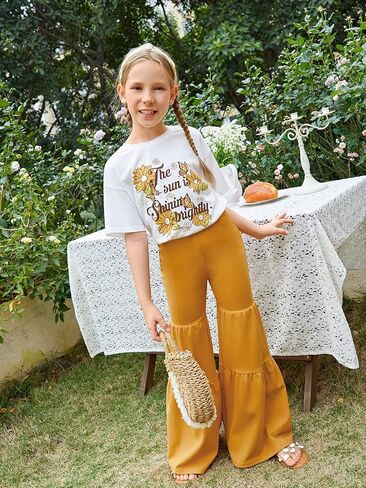 طقم تي شيرت WDIRARA للفتيات مكون من قطعتين بأكمام قصيرة وطبعة زهور وسروال بحاشية مكشكشة بأرجل واسعة in Kuwait