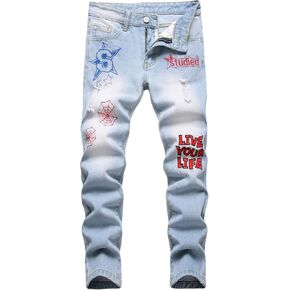 بنطال جينز Anbreuinron للأولاد بمقاس نحيف ومطرز ومطبوع وممزق وممزق، أزرق فاتح، 10 in Kuwait