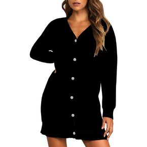 Pink Queen 2023 Fall Long Cardigan for Women Long Sleeve Open Front Button V Neck Houndstooth Cardigans Sweaters Dress
