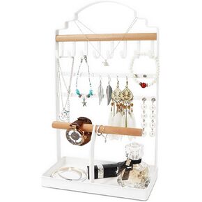 ROLIZOE Portable Jewelry Organizer Stand for Long Necklaces Jewelry Tower Rack 8 Necklace Holders 24 Earring Display Holder 2 Wooden Bracelet Organizers with Velvet Tray for Earrings Rings Watches in Kuwait