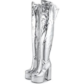 OAOKUSI أحذية فضية للنساء منصة الفخذ أحذية عالية للنساء الفضة منصة التمهيد منصة سوداء فوق أحذية عالية في الركبة جولة اصبع القدم الجانب سستة الفخذ أحذية عالية الفضة 7-13 in Kuwait