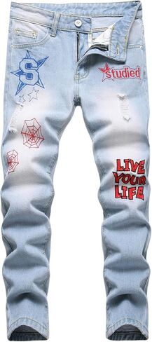 بنطال جينز Anbreuinron للأولاد بمقاس نحيف ومطرز ومطبوع وممزق وممزق، أزرق فاتح، 10 in Kuwait