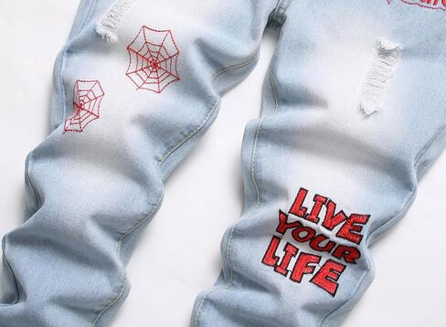 بنطال جينز Anbreuinron للأولاد بمقاس نحيف ومطرز ومطبوع وممزق وممزق، أزرق فاتح، 10 in Kuwait