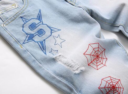 بنطال جينز Anbreuinron للأولاد بمقاس نحيف ومطرز ومطبوع وممزق وممزق، أزرق فاتح، 10 in Kuwait