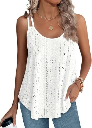 XIEERDUO Womens Tank Tops Spaghetti Strap Camisoles Eyelet Embroidery Scoop Neck Tops in Kuwait