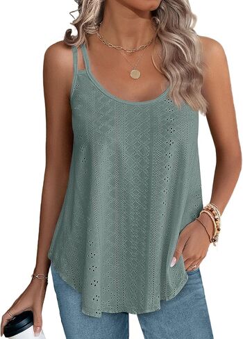 XIEERDUO Womens Tank Tops Spaghetti Strap Camisoles Eyelet Embroidery Scoop Neck Tops in Kuwait