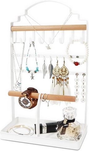 ROLIZOE Portable Jewelry Organizer Stand for Long Necklaces Jewelry Tower Rack 8 Necklace Holders 24 Earring Display Holder 2 Wooden Bracelet Organizers with Velvet Tray for Earrings Rings Watches in Kuwait