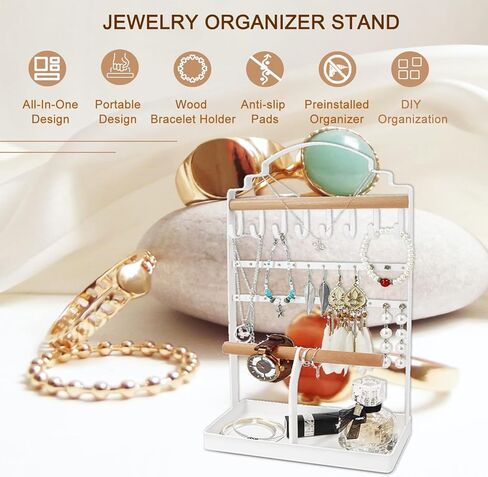 ROLIZOE Portable Jewelry Organizer Stand for Long Necklaces Jewelry Tower Rack 8 Necklace Holders 24 Earring Display Holder 2 Wooden Bracelet Organizers with Velvet Tray for Earrings Rings Watches in Kuwait
