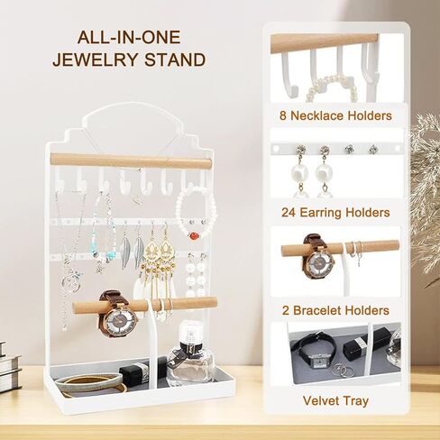 ROLIZOE Portable Jewelry Organizer Stand for Long Necklaces Jewelry Tower Rack 8 Necklace Holders 24 Earring Display Holder 2 Wooden Bracelet Organizers with Velvet Tray for Earrings Rings Watches in Kuwait