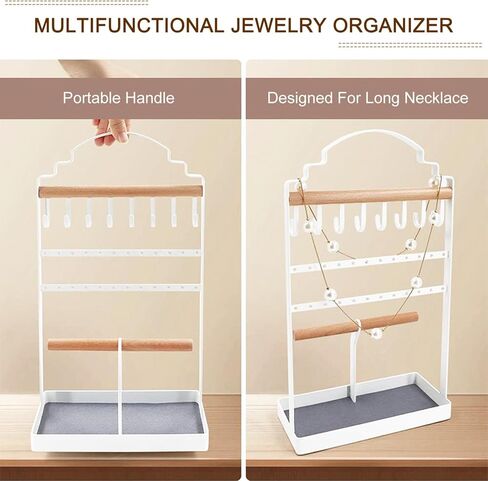 ROLIZOE Portable Jewelry Organizer Stand for Long Necklaces Jewelry Tower Rack 8 Necklace Holders 24 Earring Display Holder 2 Wooden Bracelet Organizers with Velvet Tray for Earrings Rings Watches in Kuwait