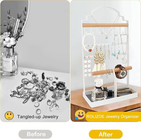 ROLIZOE Portable Jewelry Organizer Stand for Long Necklaces Jewelry Tower Rack 8 Necklace Holders 24 Earring Display Holder 2 Wooden Bracelet Organizers with Velvet Tray for Earrings Rings Watches in Kuwait