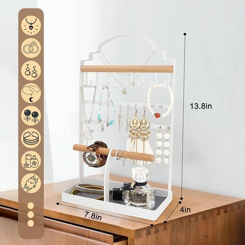 ROLIZOE Portable Jewelry Organizer Stand for Long Necklaces Jewelry Tower Rack 8 Necklace Holders 24 Earring Display Holder 2 Wooden Bracelet Organizers with Velvet Tray for Earrings Rings Watches in Kuwait