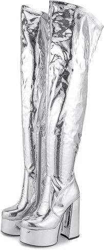 OAOKUSI أحذية فضية للنساء منصة الفخذ أحذية عالية للنساء الفضة منصة التمهيد منصة سوداء فوق أحذية عالية في الركبة جولة اصبع القدم الجانب سستة الفخذ أحذية عالية الفضة 7-13 in Kuwait