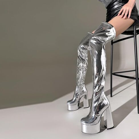 OAOKUSI أحذية فضية للنساء منصة الفخذ أحذية عالية للنساء الفضة منصة التمهيد منصة سوداء فوق أحذية عالية في الركبة جولة اصبع القدم الجانب سستة الفخذ أحذية عالية الفضة 7-13 in Kuwait