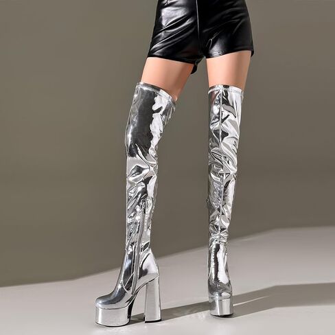 OAOKUSI أحذية فضية للنساء منصة الفخذ أحذية عالية للنساء الفضة منصة التمهيد منصة سوداء فوق أحذية عالية في الركبة جولة اصبع القدم الجانب سستة الفخذ أحذية عالية الفضة 7-13 in Kuwait