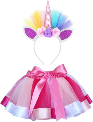 تنانير LYLKD للفتيات الصغيرات ذات طبقات بألوان قوس قزح مع عصابة رأس على شكل قرن وحيد القرن in Kuwait