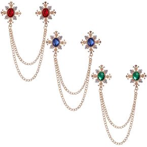 Shuxy 3 قطع الرجال بروش سلسلة معلقة بروش أخضر أزرق أحمر حجر الصليب كريستال شرابة سلسلة بروش بدلة بروش معدنية مسمار طية صدر السترة دبوس خمر حجر الراين دبوس الصدر دبوس بروش الزفاف، الذهب in Kuwait