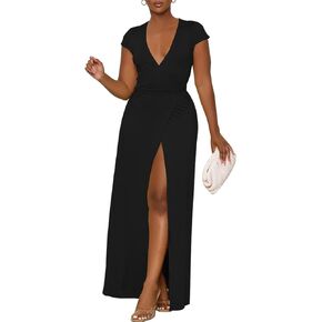 فستان نسائي طويل مثير من NADIA FRACA بأكمام قصيرة وفتحة رقبة على شكل V عميقة ورباط خلفي وخصر عالي وفتحة ملفوفة كاجوال فستان طويل للكوكتيل in Kuwait