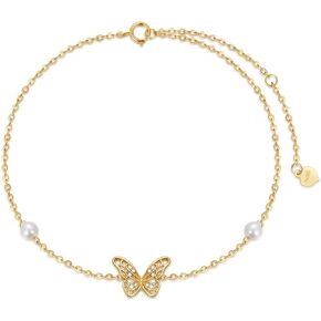 خلخال بتصميم فراشة من الذهب الخالص عيار 14 قيراط للنساء، سوار كاحل مرصع باللؤلؤ الحقيقي، هدايا للنساء، مرصع بالزركونيا المكعب, معدن, مكعب زركونيا in Kuwait